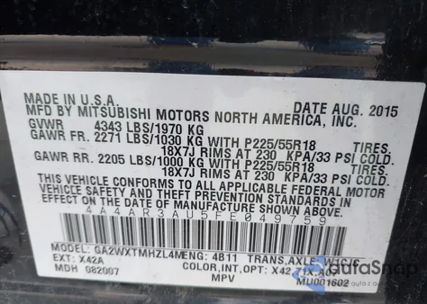 2015 Mitsubishi Outlander Sport Es из США, поврежденный, VIN 4A4AR3AU5FE049759